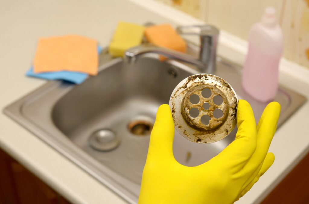 Cleaner in rubber gloves shows waste in the plughole protector of a kitchen sink
